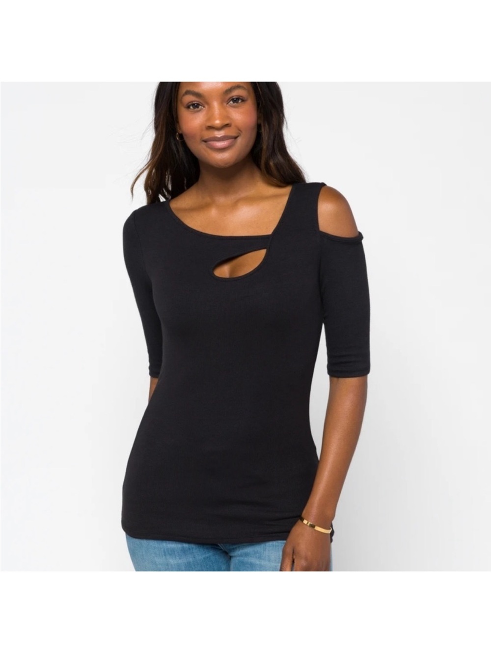 Goldray Garima Black Cold-Shoulder Cutout Knit Top